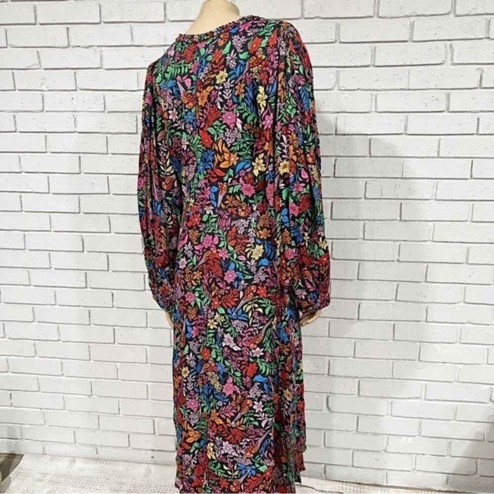 Farm Rio Black Mixed Prints Floral Birds Midi Dress V-Neck Balloon Sleeve Size L - Picture 6 of 16